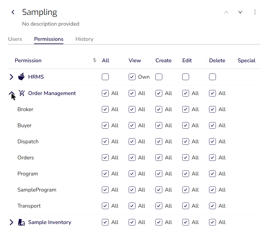 The permission matrix for a role, with Order Management expanded into Broker, Buyer, Dispatch, Orders, Program and Transport